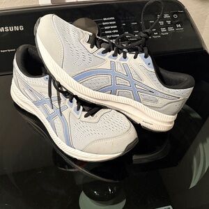 Asics Light Gray and Blue Athletic Shoes